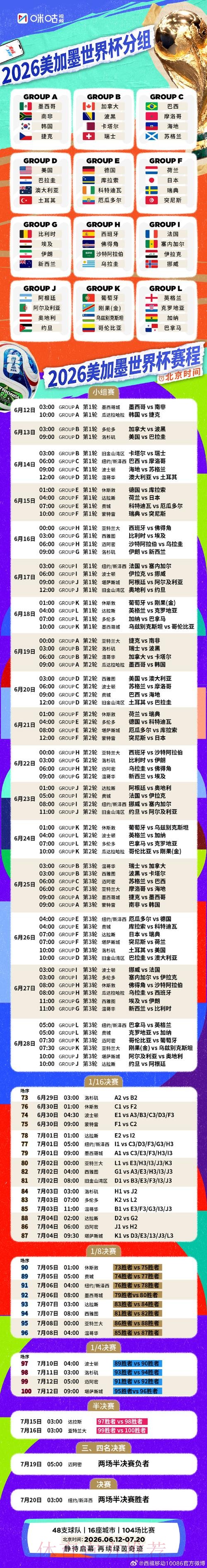 2026世界杯赛程时间表